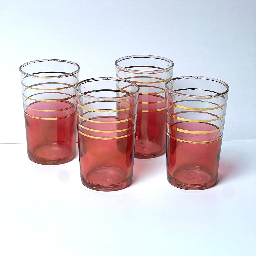 Vintage 40s Mid Century Macbeth Evans Cranberry Glass Tumblers Gold Rim Set of 4